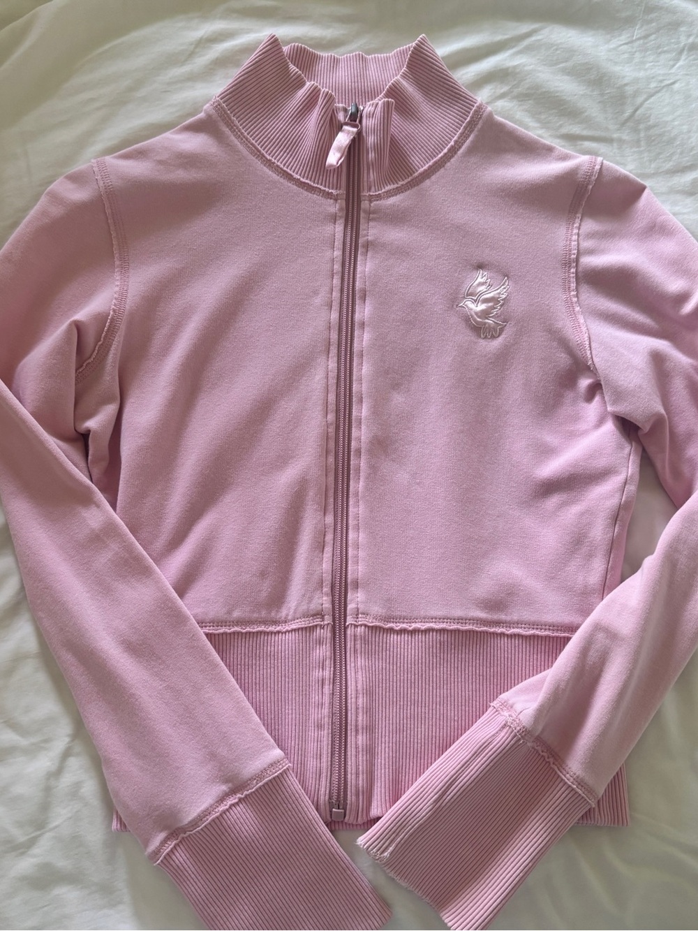 Y2K Baby Pink Zip-Up Track Jacket with Embroidered Doves